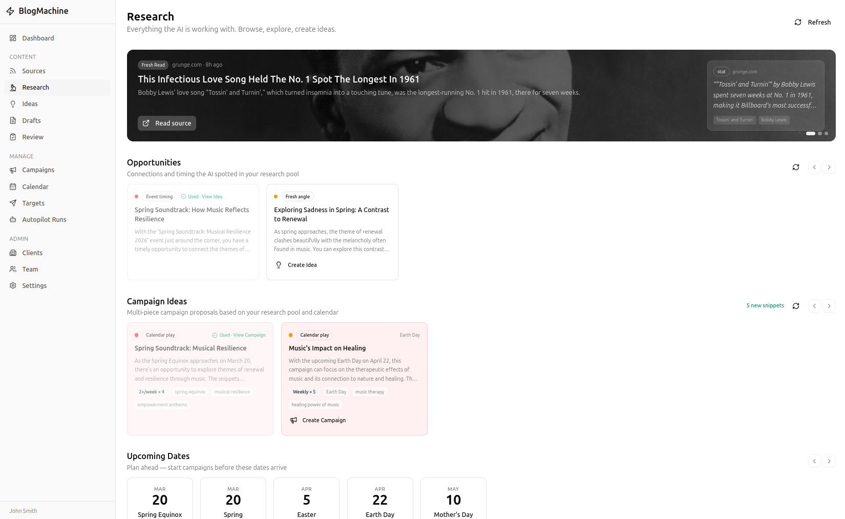 BlogMachine research dashboard showing opportunities, campaign ideas, trending themes, and extracted snippets